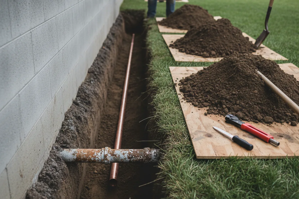 Excavated water line trench during Sewer Line Repair in Waddell